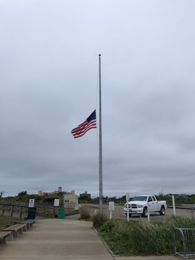 The large American flag at Lido West is held at half mast out of respect for the lives lost during this pandemic. Nassau county has recorded 39,487 confirmed cases of Covid-19, and 2,073 deaths. The local community has suffered immensely. 